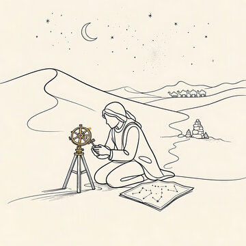 Vintage astronomical illustration of a scientist using an astrolabe under starry night sky with scientific instrument crescent moon desert landscape ancient science
