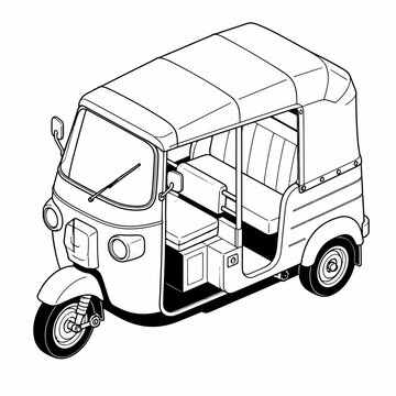 Isometric line art illustration of an auto rickshaw tuk-tuk