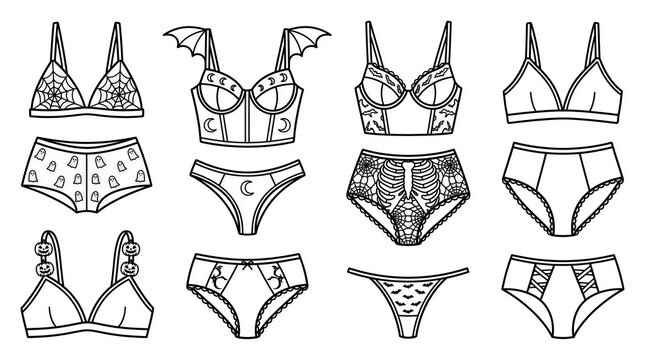 Halloween Themed Lingerie Line Art Set, Bras and Panties Vector Outline Isolated on White Background&nbsp;
