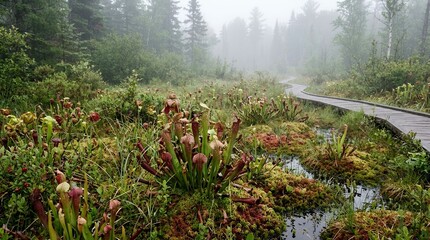 Fototapeta premium Exotic carnivorous pitcher plants in a misty swamp bog with a winding wooden boardwalk through a foggy pine forest.