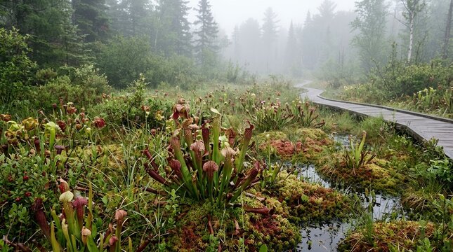 Exotic carnivorous pitcher plants in a misty swamp bog with a winding wooden boardwalk through a foggy pine forest.