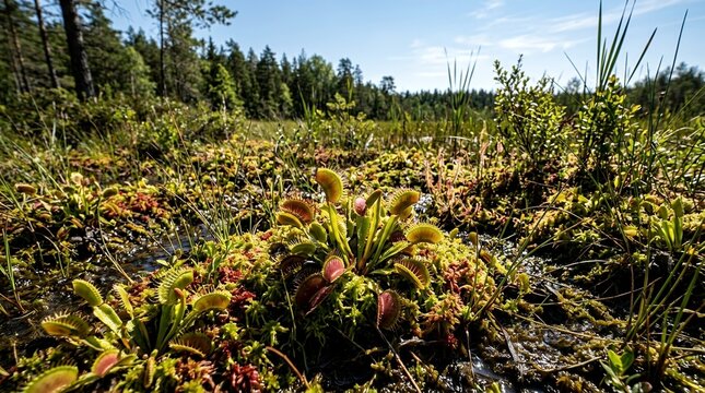 Venus Flytrap Carnivorous Plants Growing in a Wet Mossy Swamp Bog Natural Habitat Under Bright Sunny Blue Sky