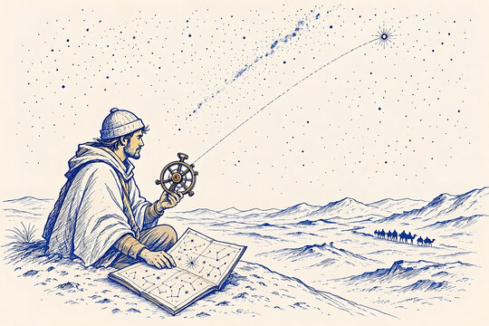 Astronomer using an astrolabe to navigate by the stars in a desert with astronomer astrolabe stargazing navigation constellation scientific exploration traveler