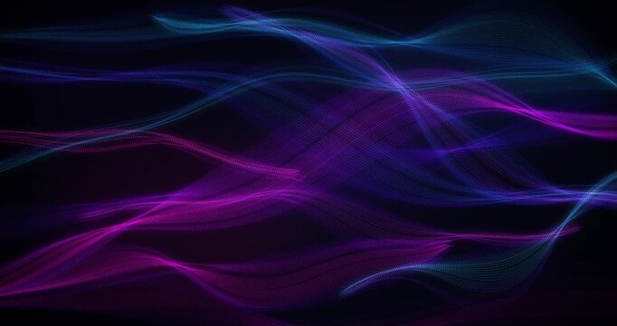 Purple and cyan neon dot silk waves background, seamless 4K loop