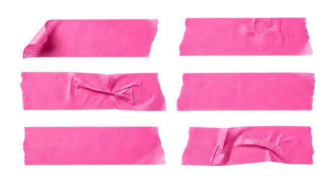 Set of pink adhesive tape strips with crumpled texture isolated on transparent background