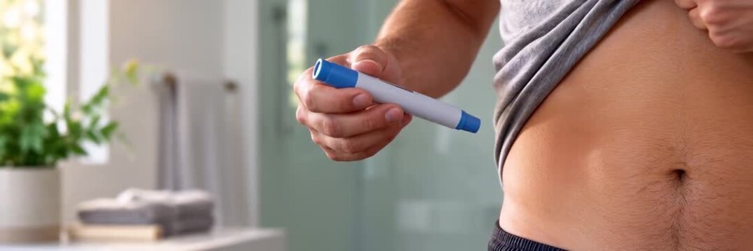 Man using GLP-1 injection pen on abdomen, healthcare website banner with copy space