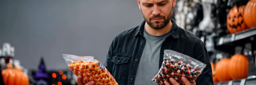 Man choosing Halloween candy bags in decorated store, retail website banner with copy space
