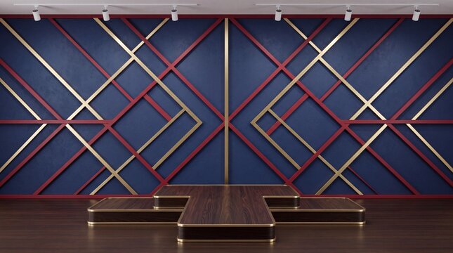 Symmetrical 3D Interior Stage with T Shaped Wood Podium and Navy Cross Wall for Product Display
