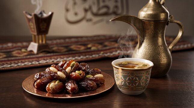 Traditional arabic coffee and dates served on intricately patterned table for middle eastern hospitality display