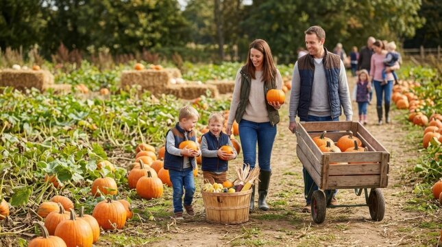 A happy family enjoys a vibrant pumpkin patch during autumn, choosing pumpkins for Halloween and fall festivities.