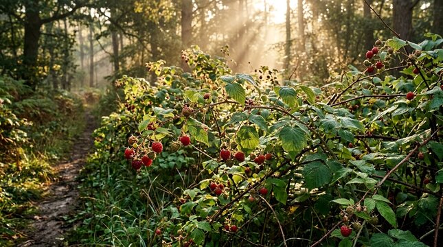 Fresh Red Raspberries Growing in a Lush Forest with Morning Sun Rays Filtering Through Trees and a Rural Hiking Trail
