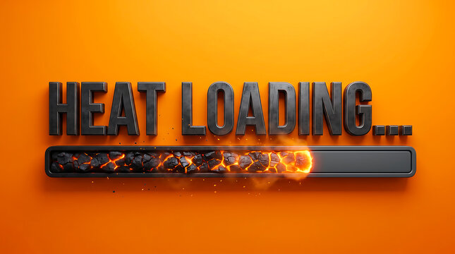Heat Loading Text Concept with Charcoal Embers Progress Bar Representing Rising Temperatures and Extreme Summer Heatwave.