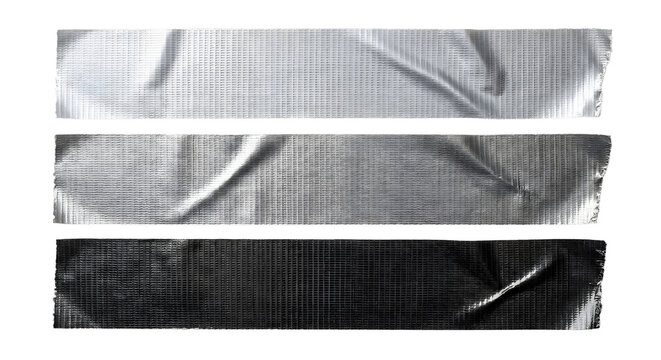 Set of three pieces of silver duct tape isolated on transparent background