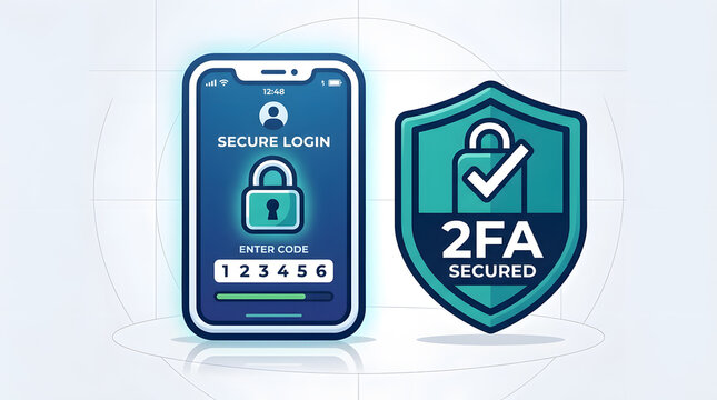 Smartphone displaying a secure login screen with a 2 fa verification code and a shield icon indicating two-factor authentication security