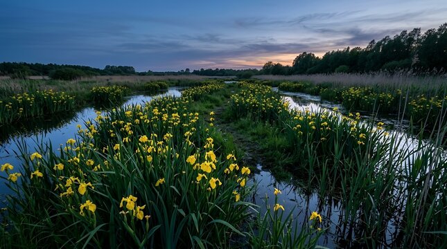 Beautiful yellow wild irises blooming in a lush green marsh landscape at sunset with calm river water reflections