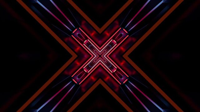 Neon x shaped light tunnel with glowing geometric patterns and digital motion pulse.
