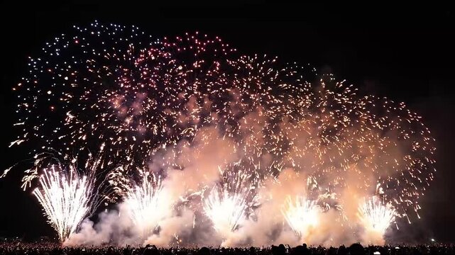 Brilliant fireworks display illuminating the dark night sky with colorful explosions and dense smoke.