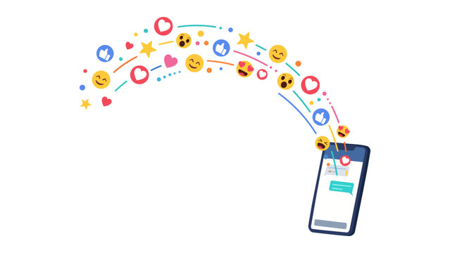 Social media reaction on phone vector, smartphone screen with flying emoji icons like thumbs up heart and smiley faces illustration