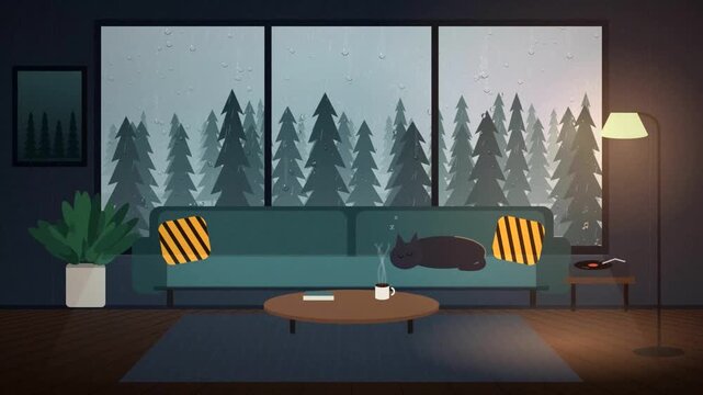 Cozy Rainy Day Living Room with Sleeping Cat and Rain on Window Lo-Fi Animation