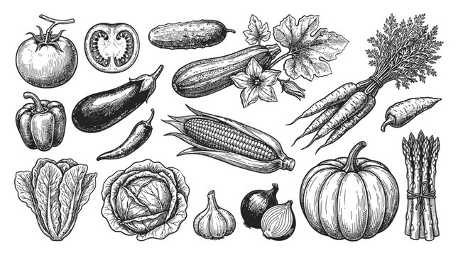 Vegetables Set Engraving Style Hand Drawn Illustration