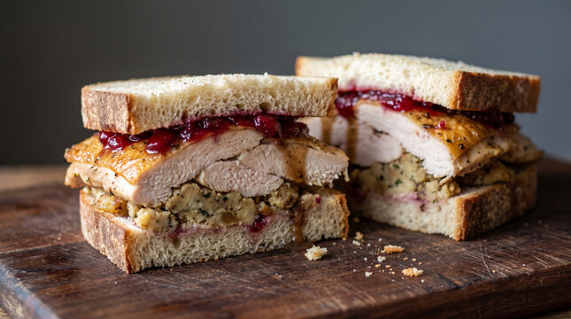 Thanksgiving leftover turkey sandwich with stuffing and cranberry sauce