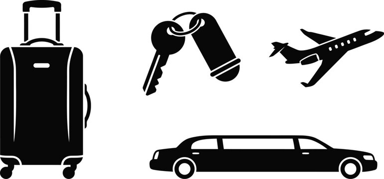 Black icons related to travel including a suitcase, a key with a fob, an airplane, and a limousine