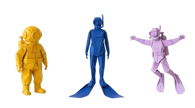 Colorful Origami Diver Models, featuring paper art, diving, marine life, underwater, crafts, yellow, blue, pink, figures, creative design, handmade, sculpture