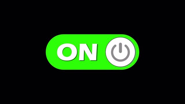 4K ON OFF power button animation with green toggle switch and transparent alpha channel background