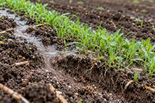 Young Cover Crop Roots Holding Soil Beside Rainwater Runoff