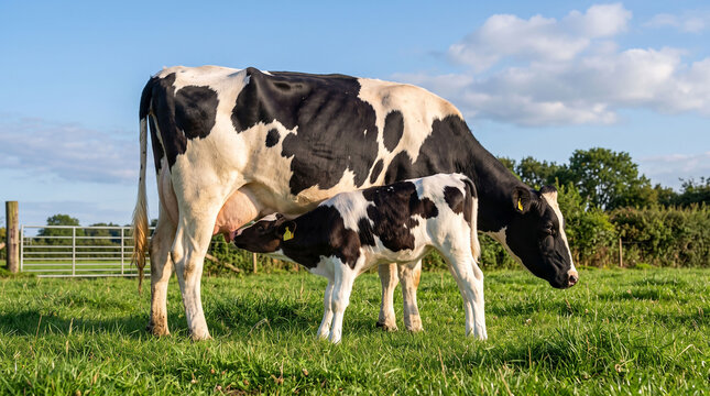 Black and white Holstein dairy cow nursing her calf in a green pasture