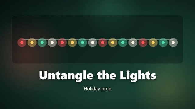 Untangle the Lights holiday prep animation: tangled string lights straighten out and glow in a seamless loop