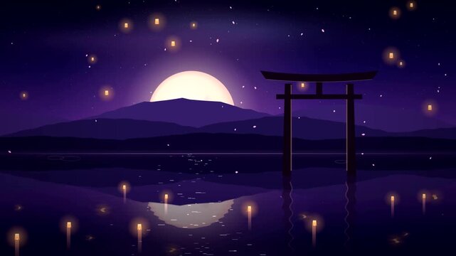 Japanese Torii Gate on Calm Water at Night with Full Moon and Floating Lanterns