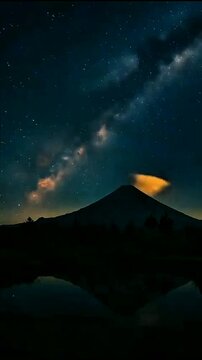 Calm night sky meets perfect mountain reflection in still water, soft stars glow beside gentle twilight clouds, nature rests in quiet harmony