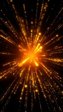 Brilliant golden light bursts outward from radiant center, glowing particles and streaks travel through dark space in radiant celebration