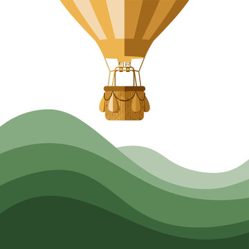 Hot Air Balloon Floating Over Green Hills.