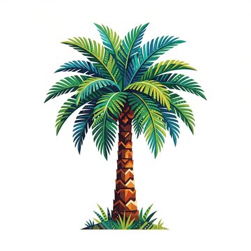 Vibrant Tropical Palm Tree with Lush Green Fronds and Textured Bark