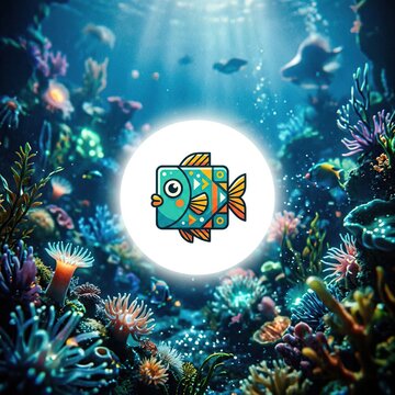 Vibrant Underwater Coral Reef Scene Framed by Bright Cartoon Fish Emblem