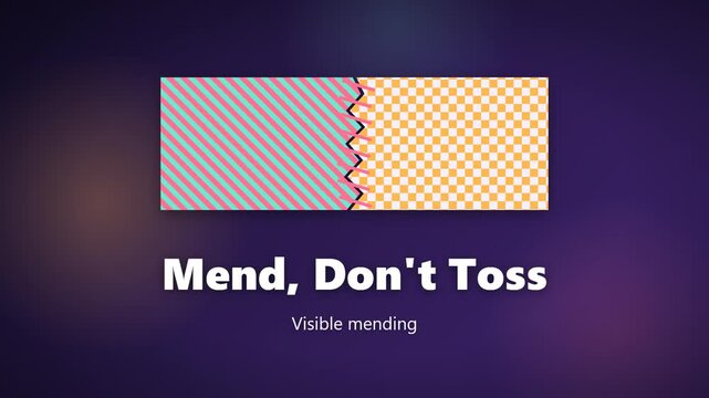 Visible mending animation: torn fabric halves slide together as a needle stitches the seam in a seamless loop
