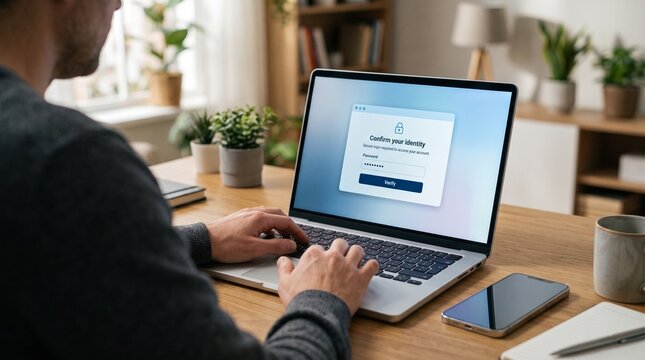 Man on laptop with identity confirmation request in a cozy workspace