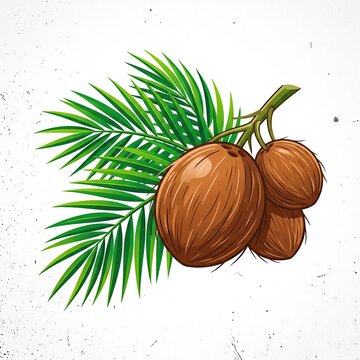 Vibrantly Illustrated Cluster of Brown Coconuts with Green Palm Fronds in a Tropical Theme