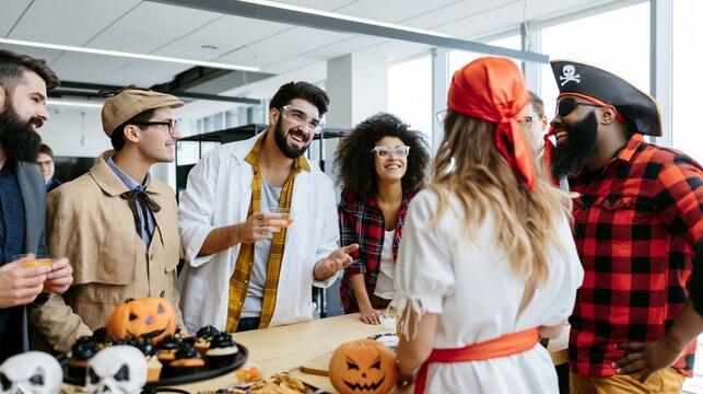 ​Corporate employees in costumes celebrating Halloween in a modern office