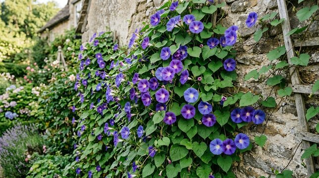 Beautiful Purple Morning Glory Flowers Blooming on an Old Rustic Stone Wall in a Lush Countryside Garden Setting
