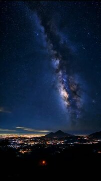 Stunning milky way spans dark heavens, glowing city lights meet mountain silhouette, twilight hues blend into endless starry expanse above horizon