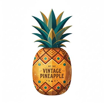 Vintage Geometric Pineapple Illustration with Emerald Crown and Diamond Patterned Body