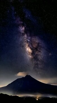 Dazzling milky way stretches above sharp volcanic peak, soft clouds cradle mountain base, cosmic light paints night in purple and gold