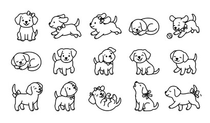 Obraz premium Cute Puppy Vector Illustration Set with Playful Poses, Sleeping, Running, and Sitting Dogs for Kids and Pet Design