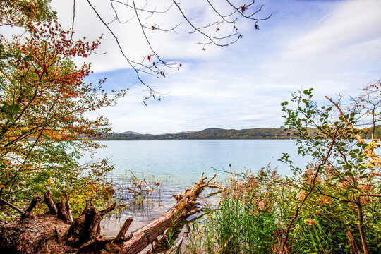 peaceful landscape scenery. Laacher See (Lake Laach) in the Eifel volcanic region. Laacher See is the largest lake in Rhineland-Palatinate, Germany, Europe