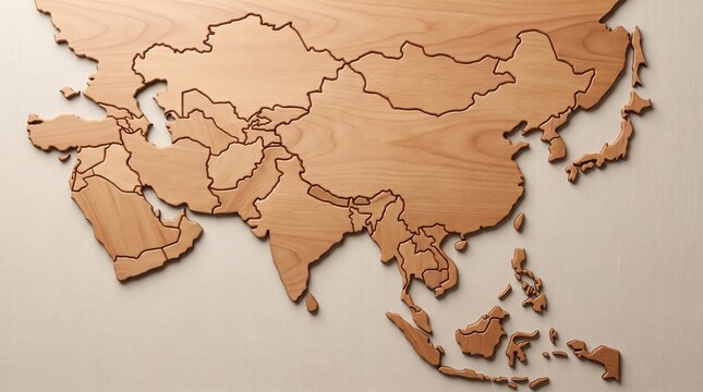 Wooden Asia Map Wall Decoration with Country Borders