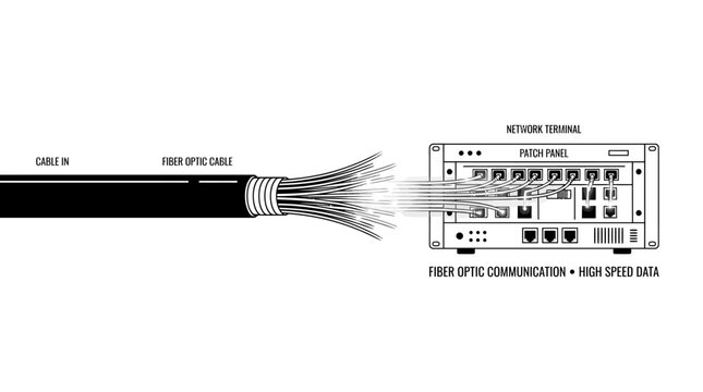 Very beautiful black and white flat vector illustration of a fiber optic cable with detailed light strands and connected network terminals, FIBER OPTIC COMMUNICATION &bull; HIGH SPEED DATA, isolated on whi