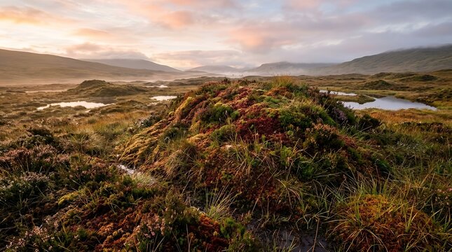 Panoramic mountain landscape with misty hills and vibrant moorland vegetation under a beautiful golden sunset sky